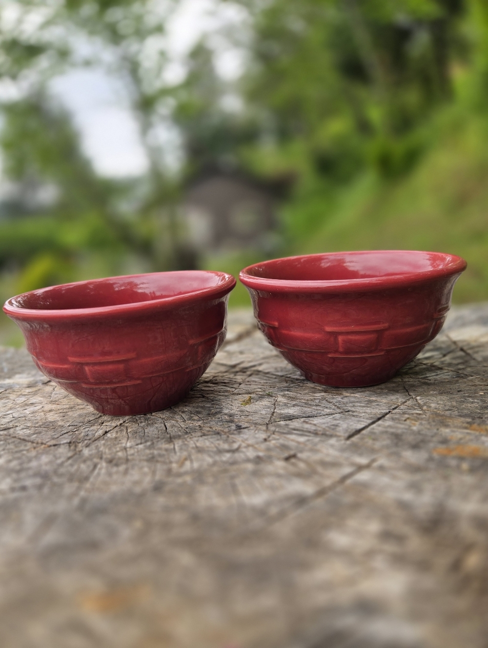 Longaberger Red Stoneware Basketweave Bowls - Set of 2